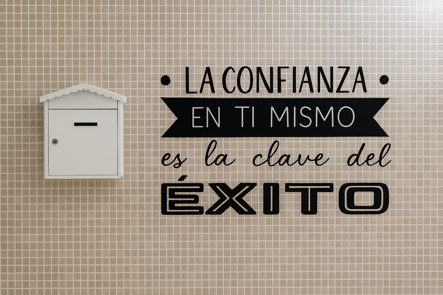 Buzón junto al vinilo “La confianza en ti mismo es la clave del éxito” en un pasillo del centro.